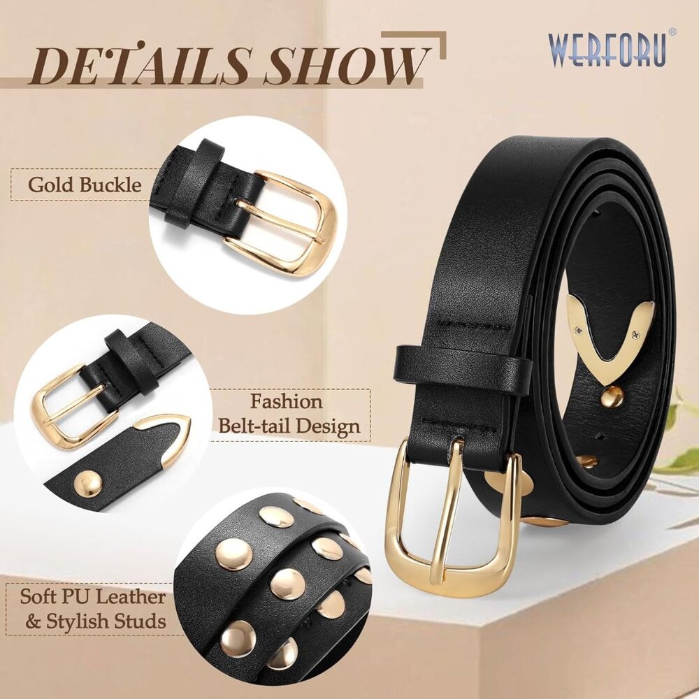 Women Fashion Leather Belt Studded Leather Belt Ladies Belts for Jeans Dress Pun - Picture 5 of 5